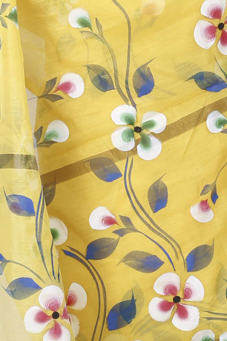 Yellow Blended Cotton Tonika Hand Painted Saree (1219)